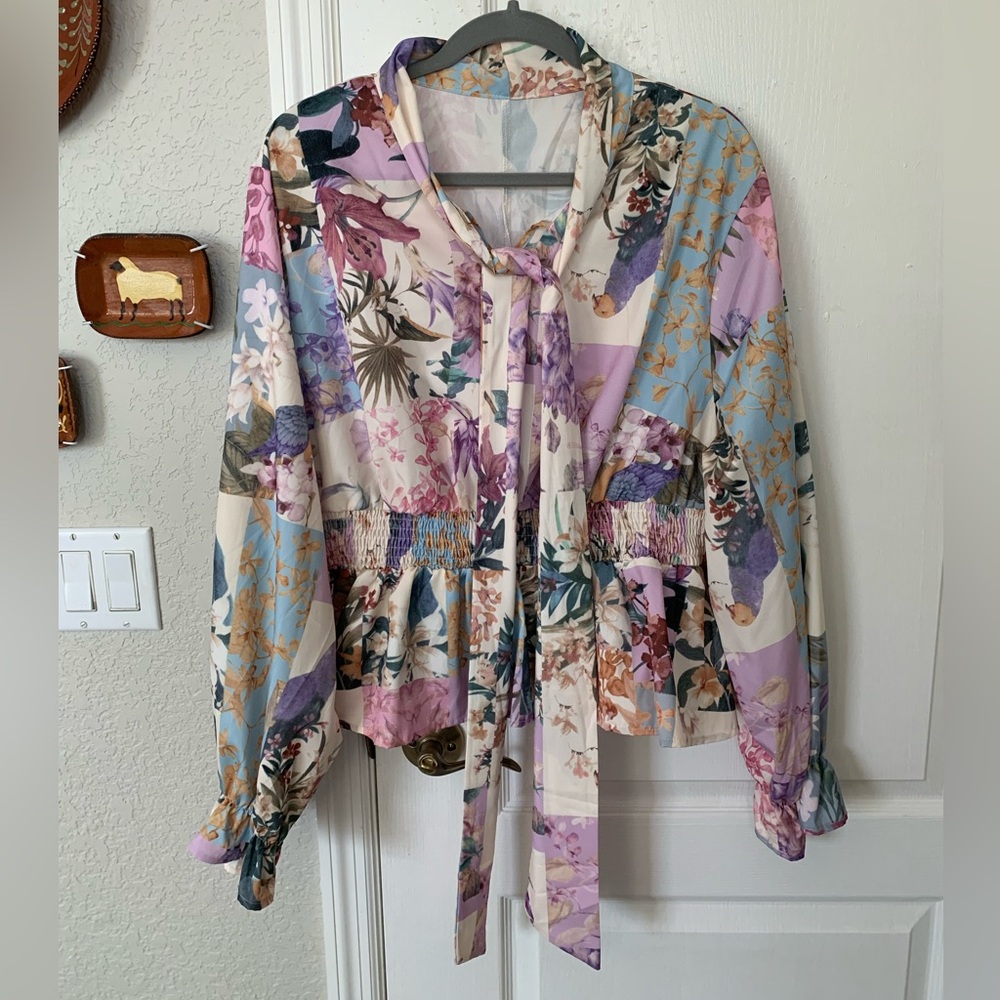 Floral Silky Peplum Blouse, Size 2X